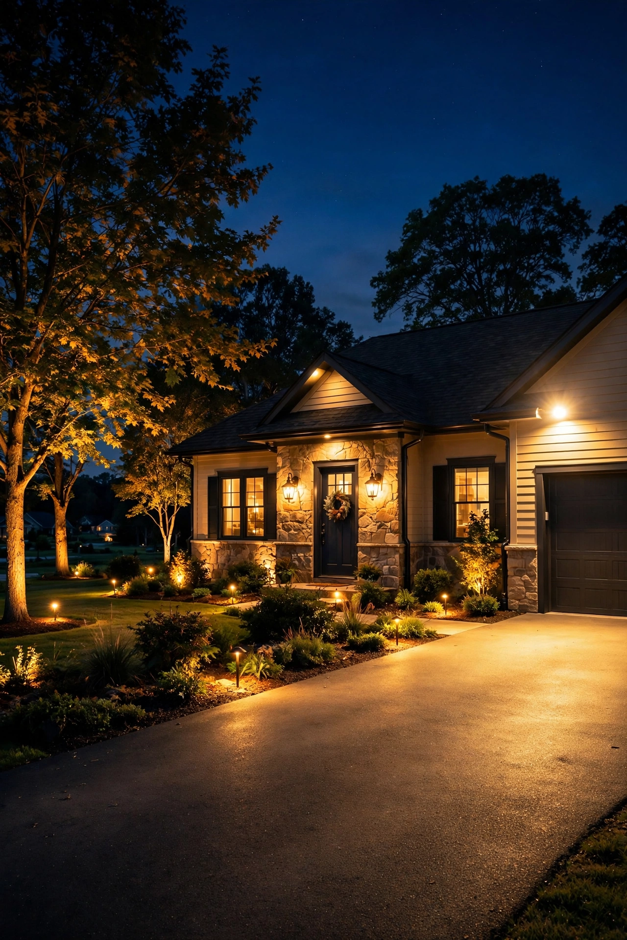Suburban home exterior at night showing layered security lighting around entry, driveway, and yard