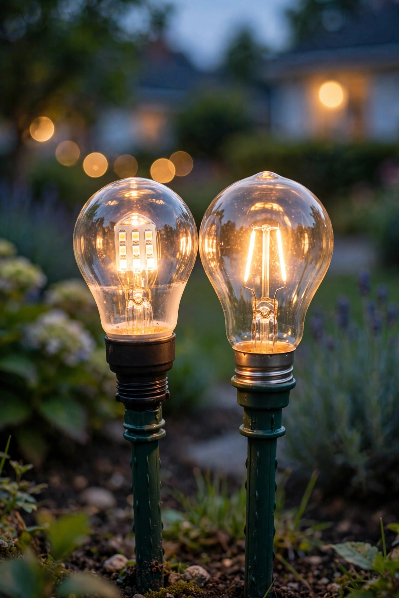 Close-up cross-section style view of LED and halogen outdoor bulbs side by side on a garden stake at dusk