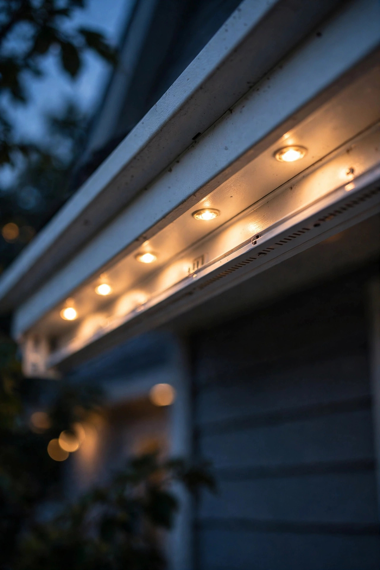 Close-up of a white soffit channel on a house eave with small individual LED puck lights glowing warm white at dusk