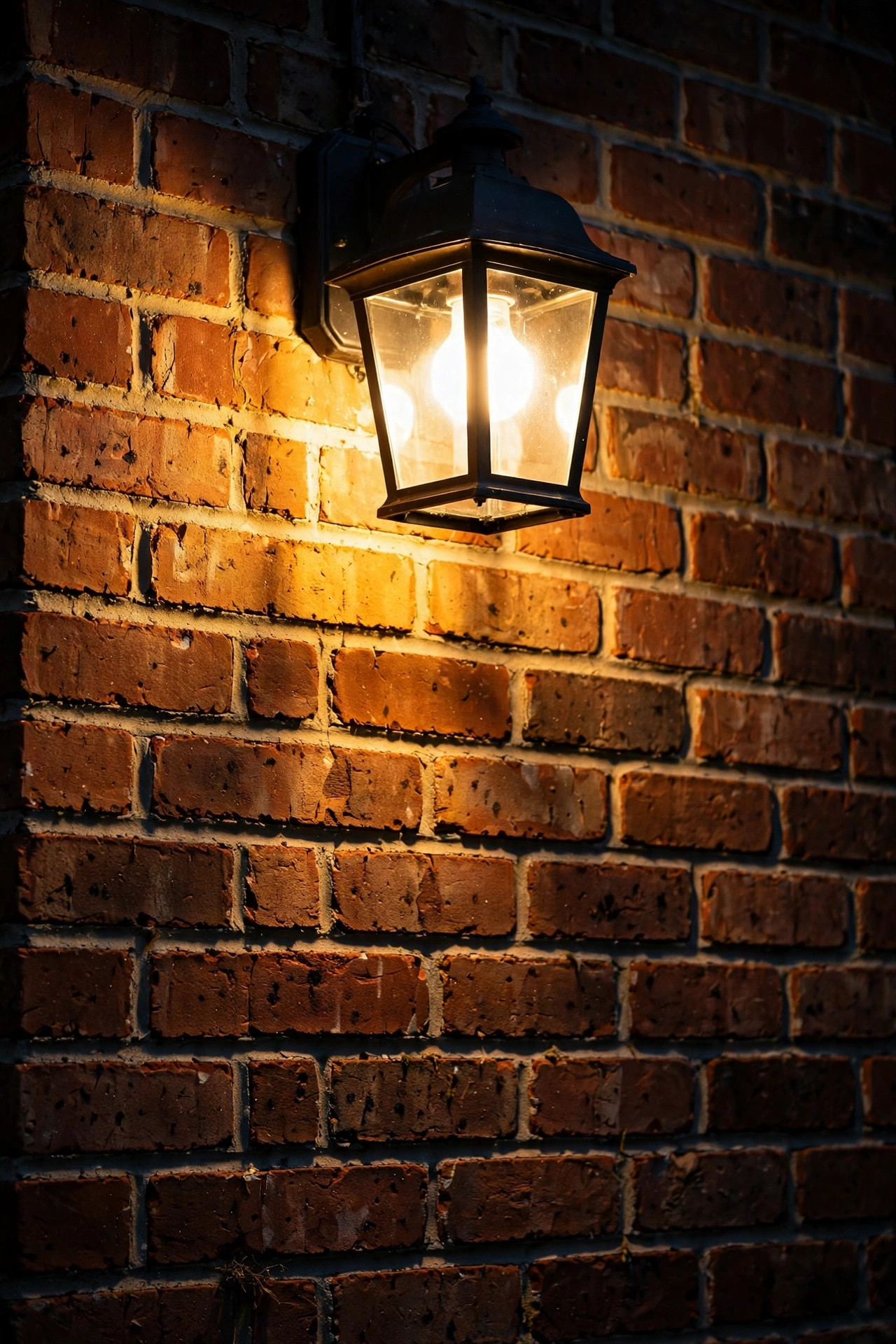 Close-up of a lit wall sconce showing warm light washing across brick siding at night