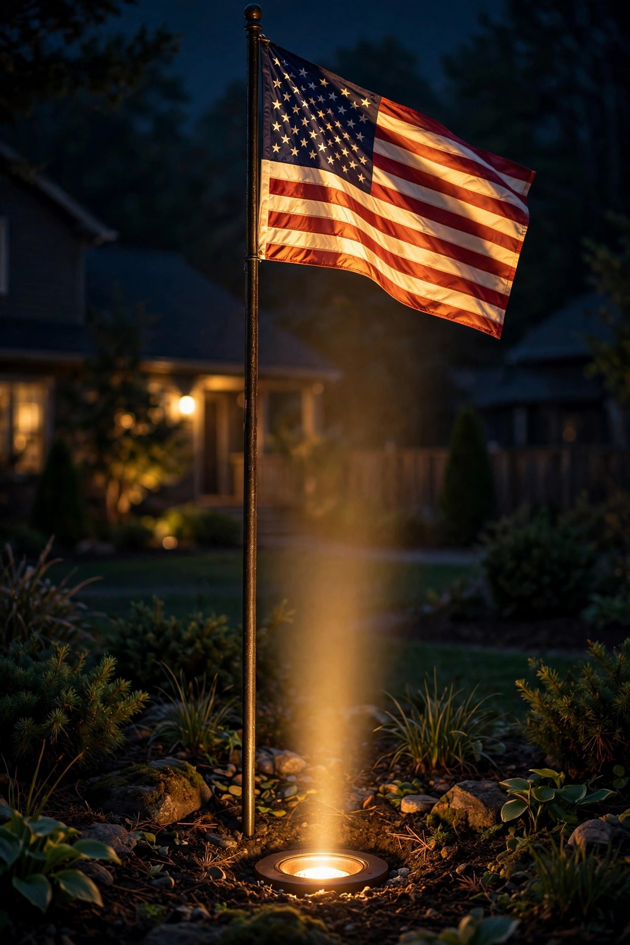 In-ground well light at the base of a flagpole casting a warm beam upward onto an illuminated American flag at night