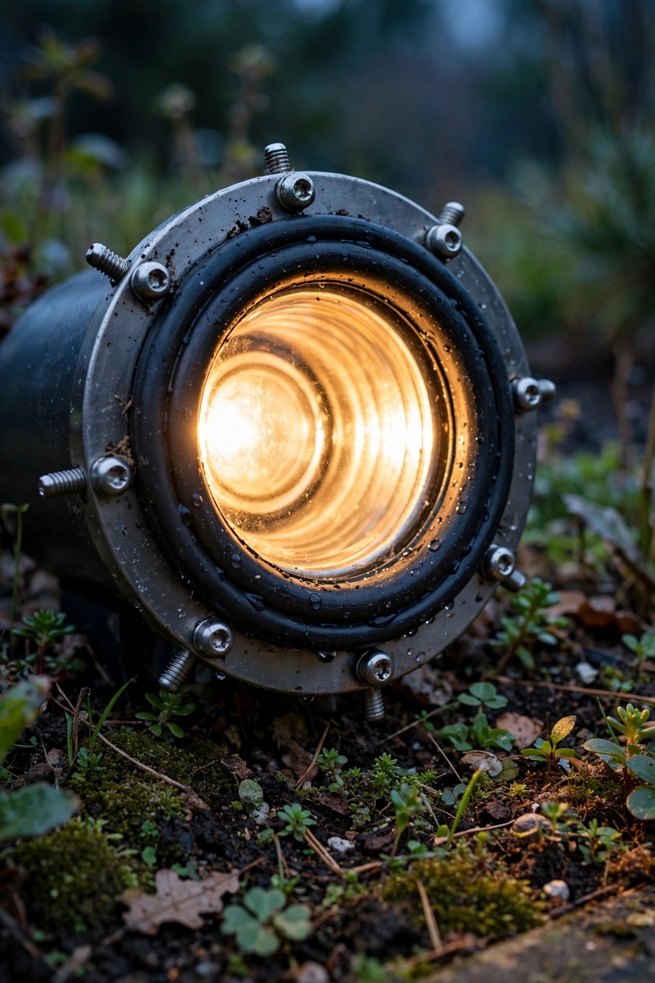 Close view of a sealed outdoor spotlight housing and gasket glowing warmly at dusk beside a garden bed