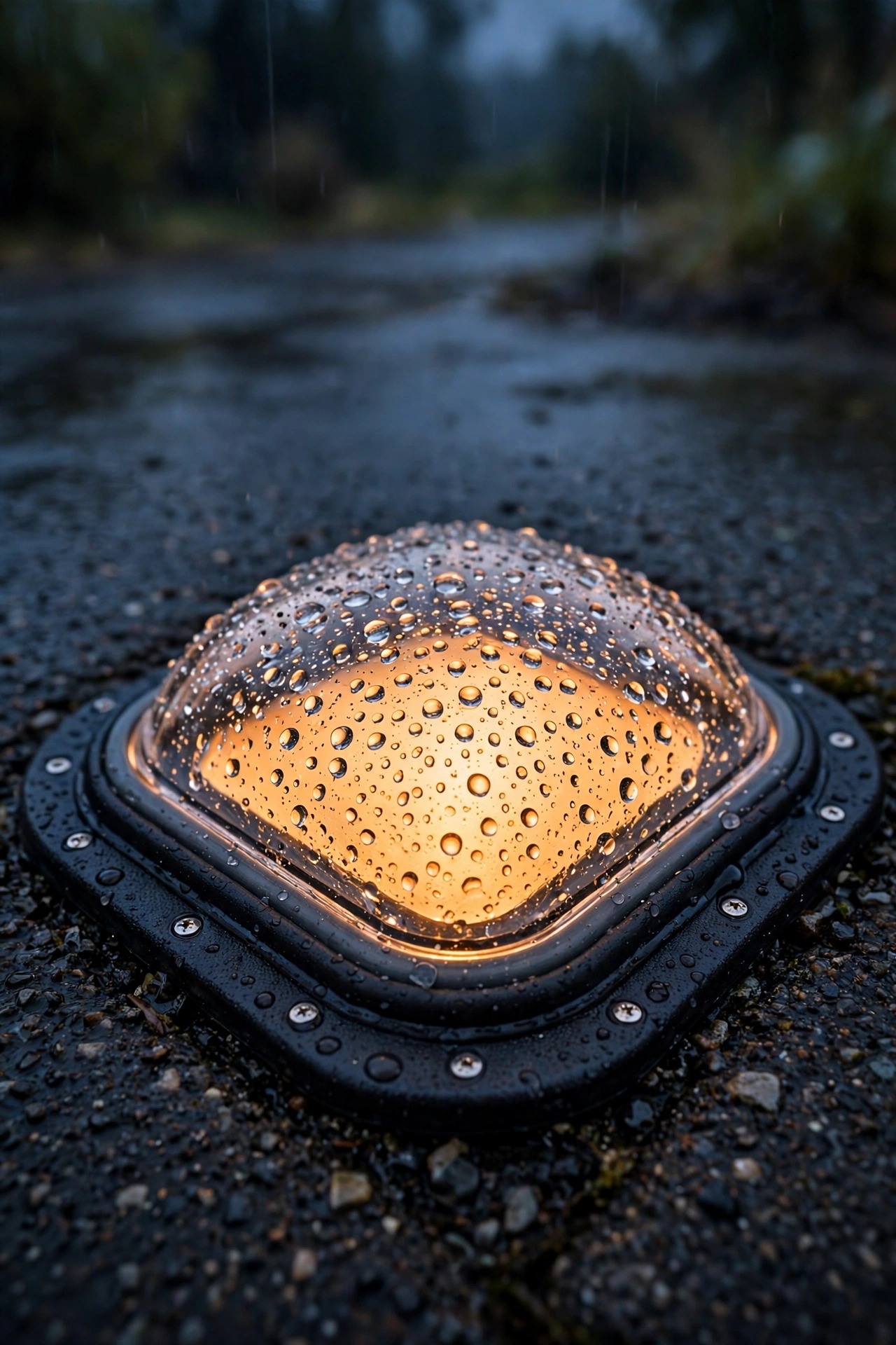 Close-up of a sealed solar driveway light with a gasketed housing beaded with rainwater at dusk