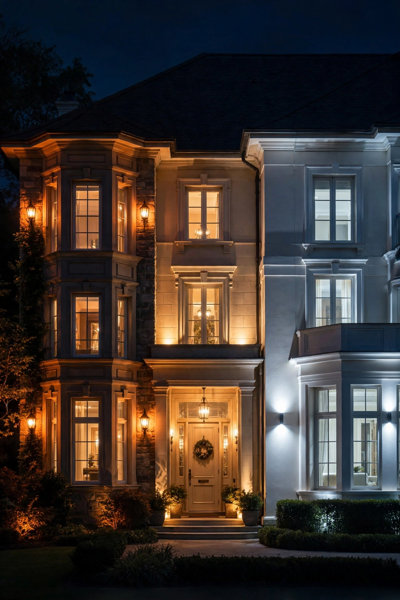 Same suburban house exterior shown at dusk in three outdoor light color temperature versions: amber 2200K, warm 2700K, and cool 4000K