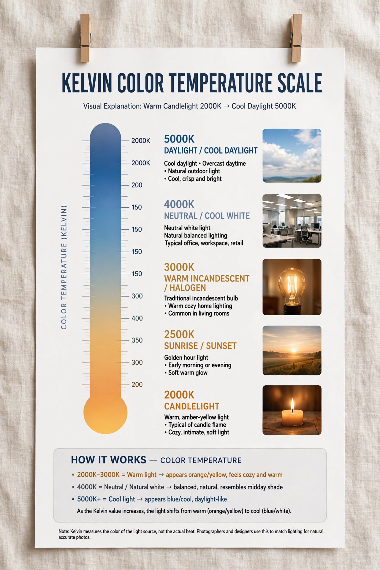 Visual explanation of the Kelvin color temperature scale from warm candlelight 2000K to cool daylight 5000K