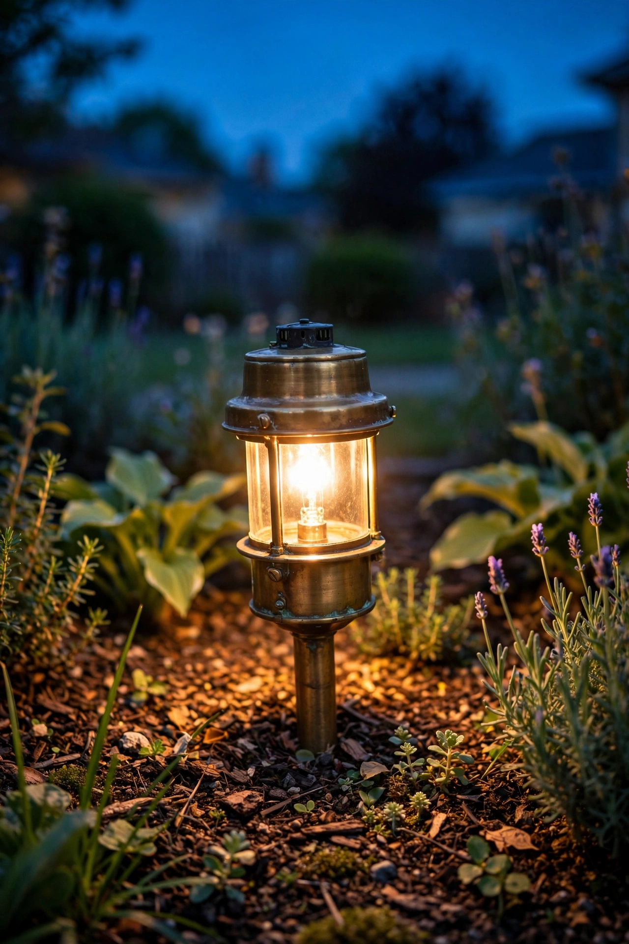 Close-up of a brass path light glowing warmly in a garden bed at dusk, illustrating landscape lighting cost