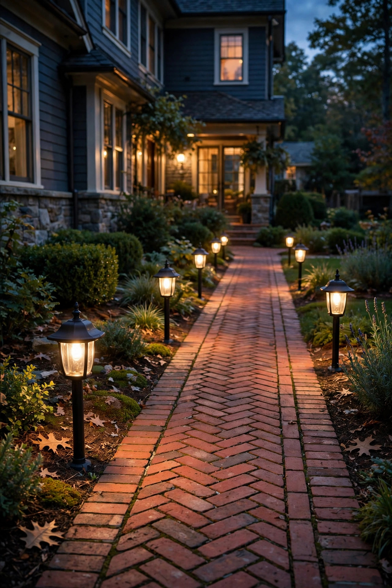 Black lantern-style low-voltage path lights glowing along a red brick walkway at dusk