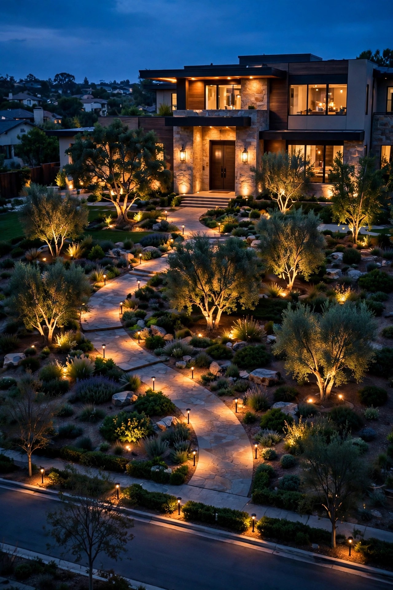 A hand-drawn front yard lighting plan on paper showing guidance, welcome, and accent layers from the street to the front door