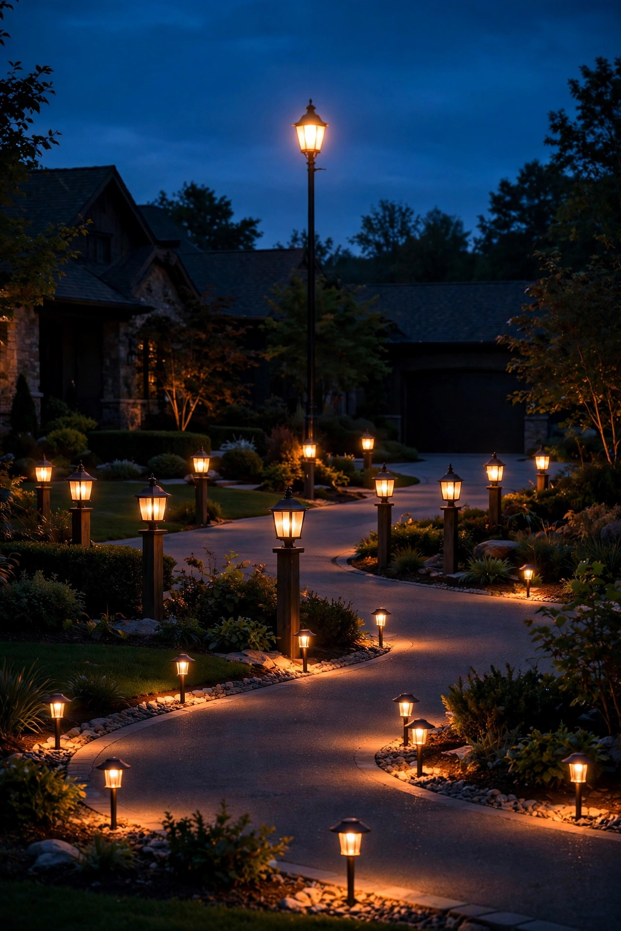 Driveway at dusk showing three layers of warm light, low edge lanterns, eye-level carriage posts, and a tall lamppost