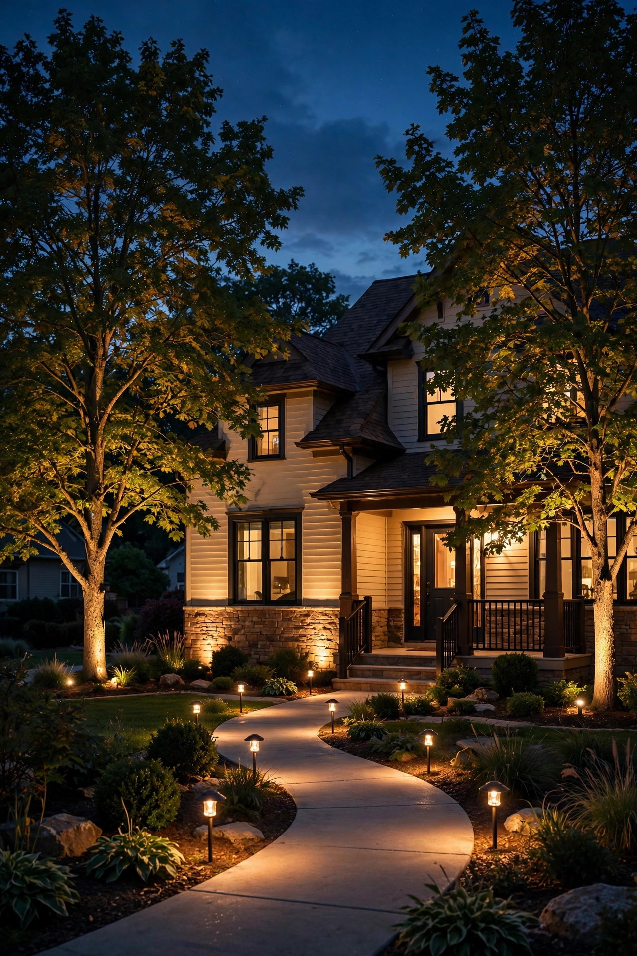 Diagram-style night view showing three layers of front yard lighting — path lights, uplights on trees, and warm wall wash on a house
