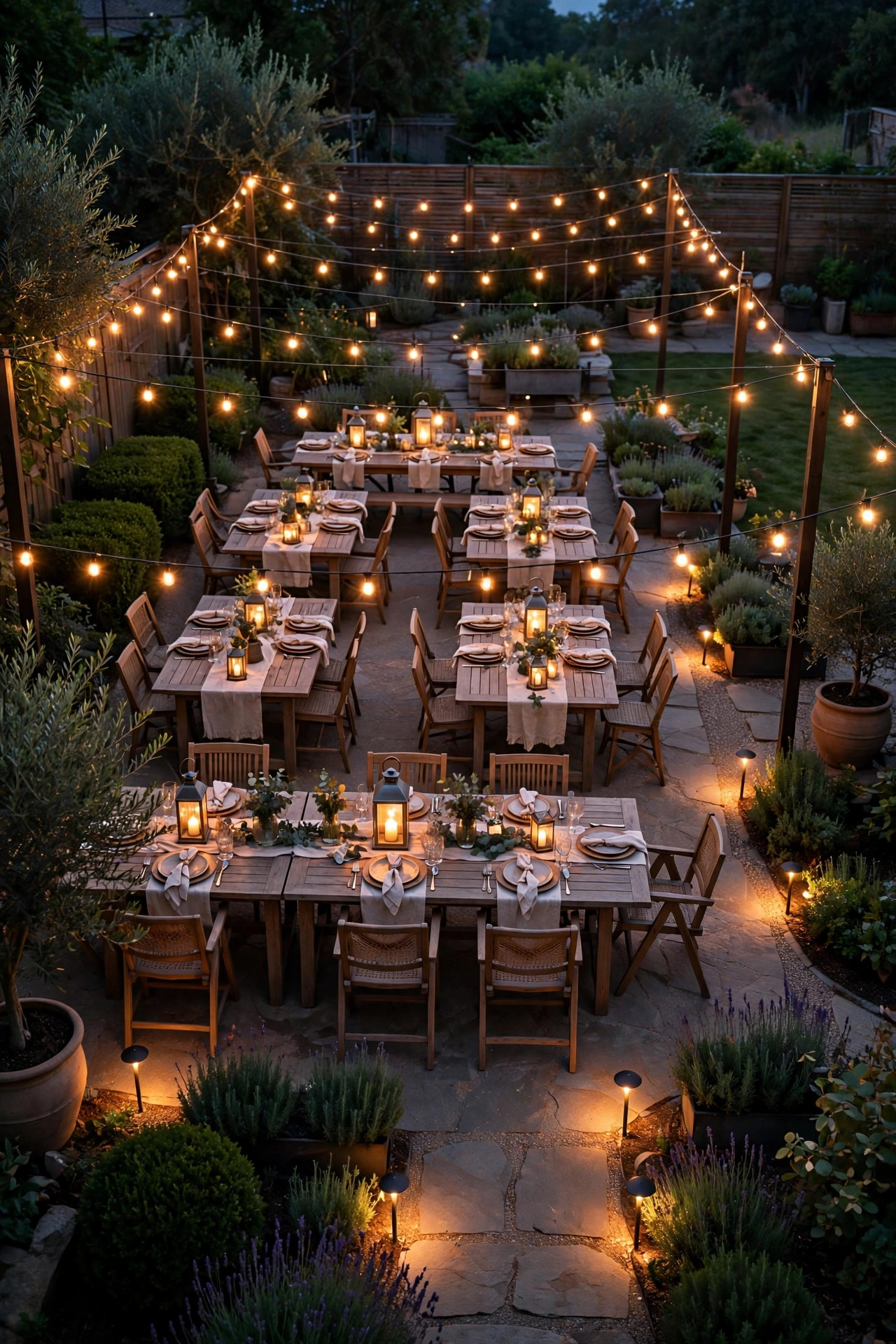 Patio at dusk showing three layers of light with an overhead wash, eye-level sconces, and low path lights along the edge