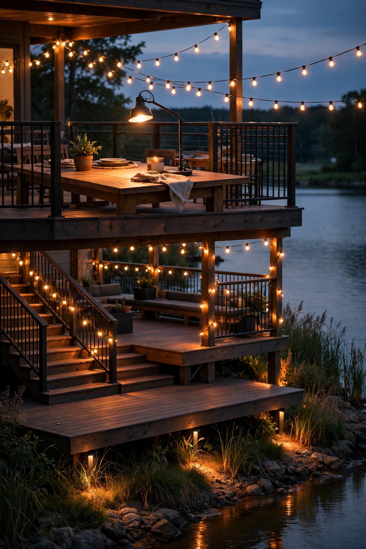 Layered deck lighting plan with ambient string lights, task light over a table and accent uplights near the shore