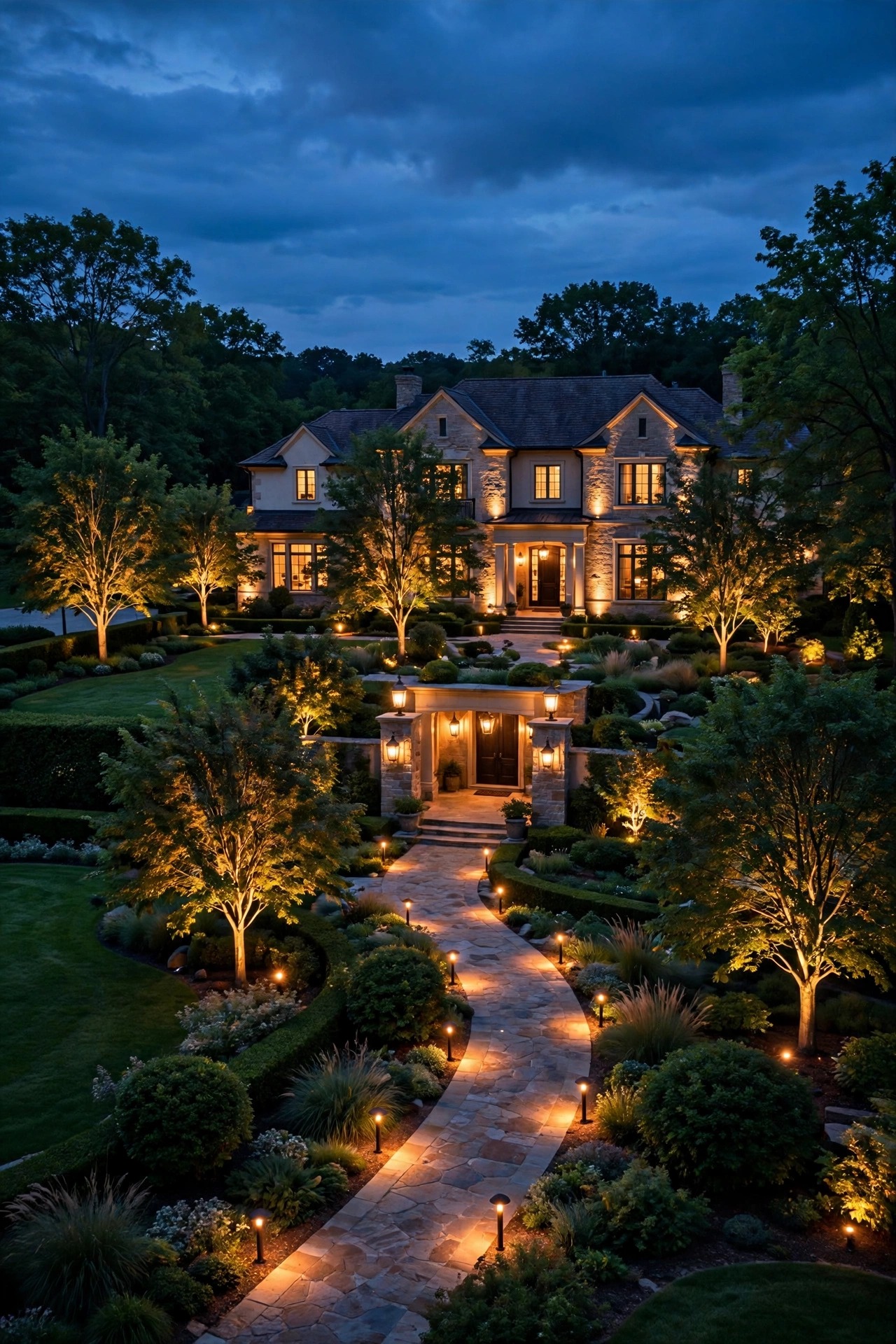 A hand-drawn estate lighting master plan on paper showing guidance, welcome, and accent lighting zones across a large front yard and garden