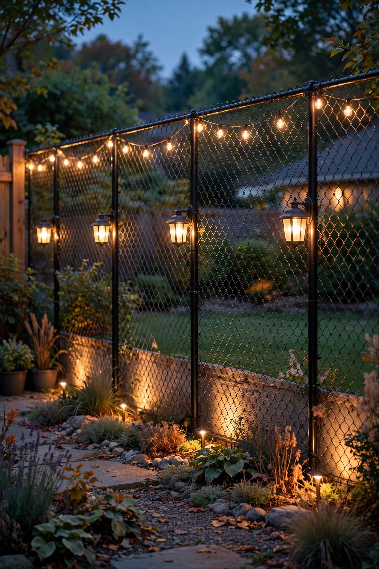 Backyard chain-link fence lit in three layers with ground wash lights, mid-height lanterns, and string lights along the top rail