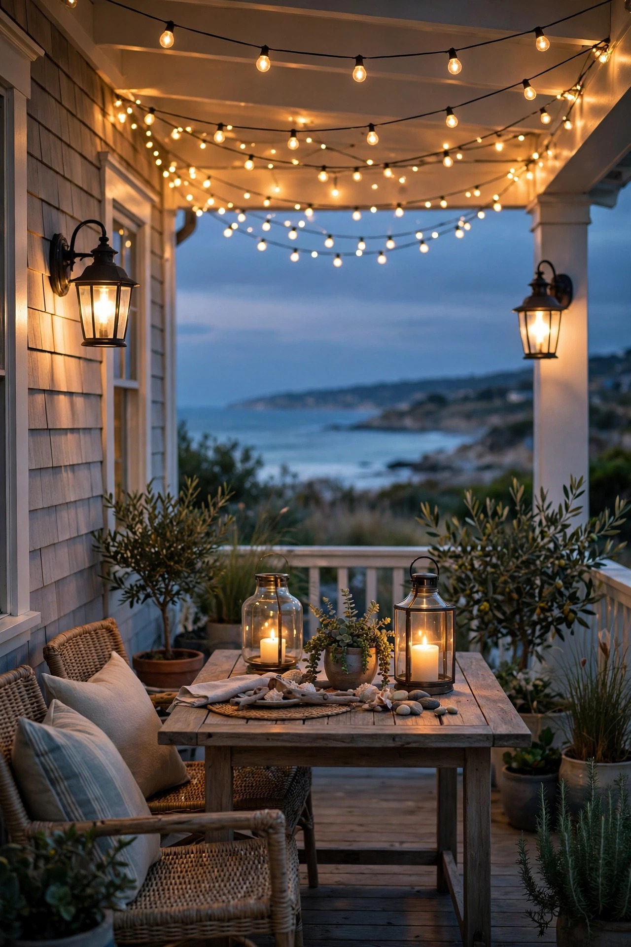 Layered coastal porch lighting with wall lanterns, table lanterns and string lights glowing at dusk