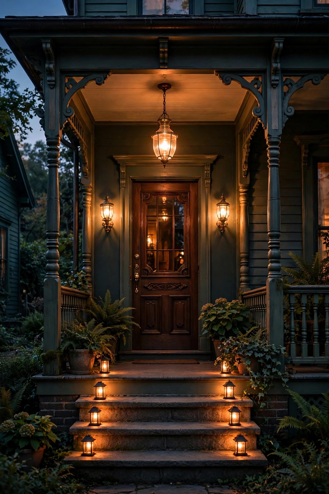 Victorian porch at dusk showing three layers of warm light, low step lanterns, eye-level door sconces, and a glowing ceiling pendant