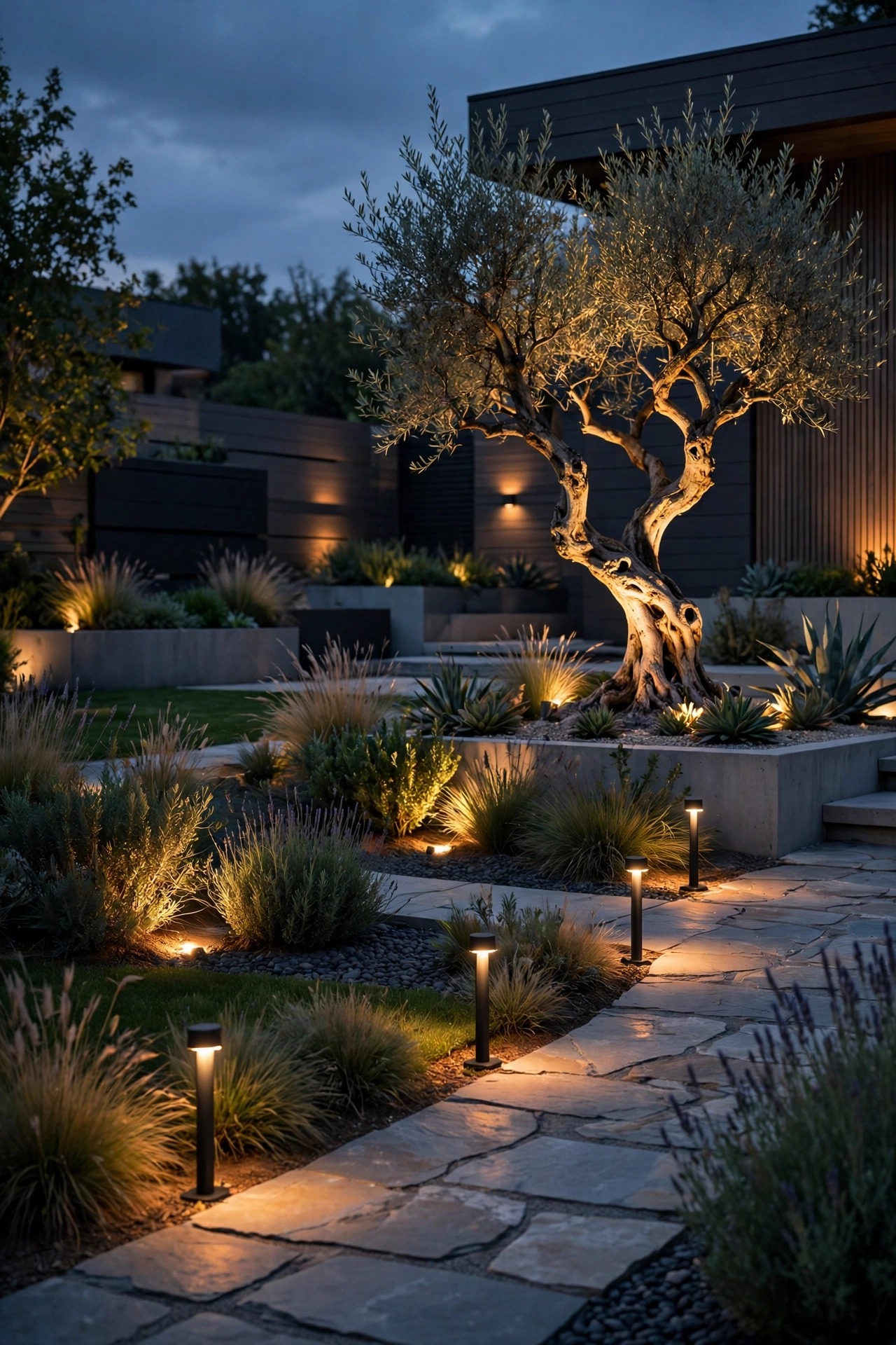 Layered modern garden lighting plan at dusk with low path lights, bed uplights and a sculptural tree accent