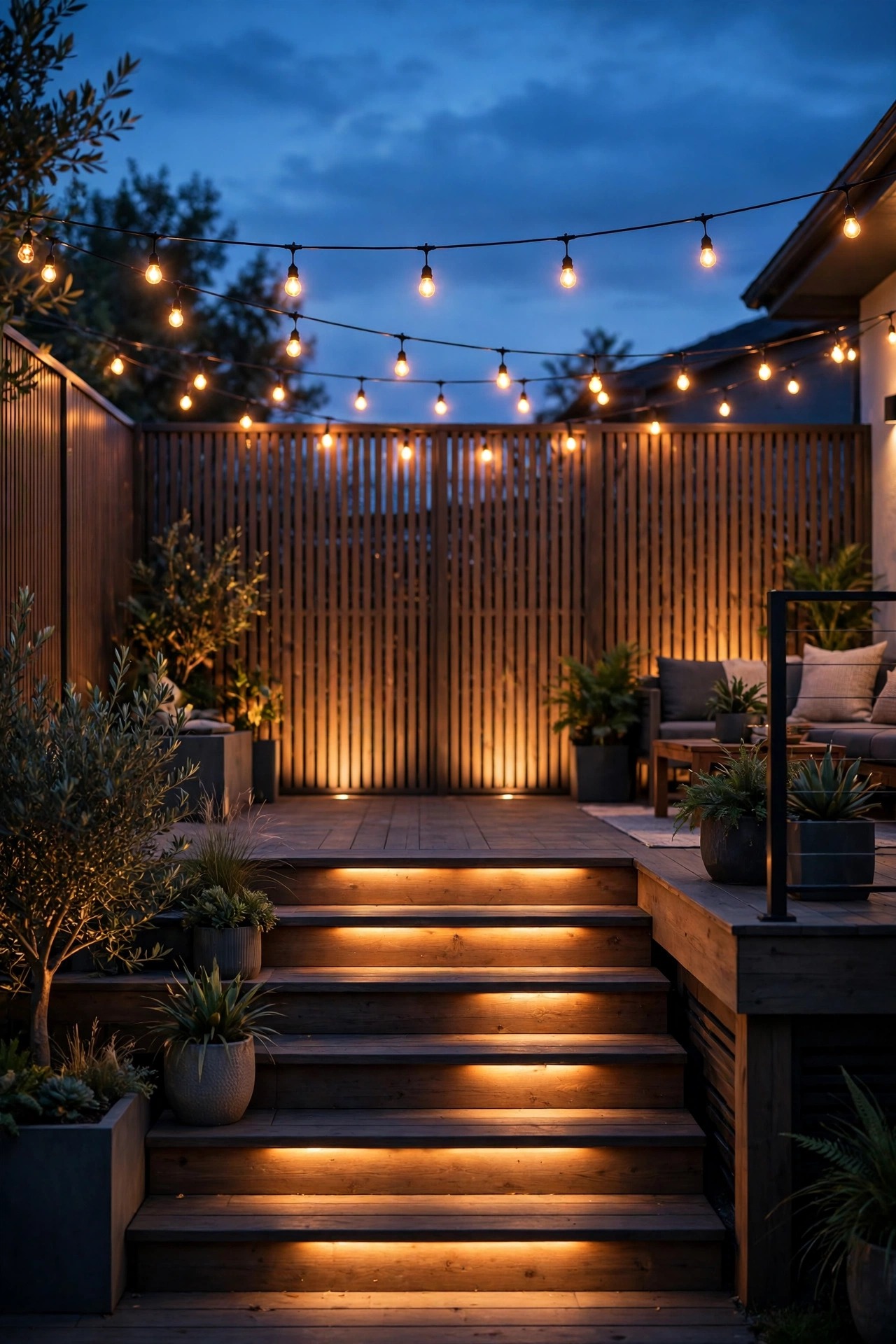 Layered smart deck lighting at dusk showing low step lights, eye level string lights and a warm accent wash on the privacy screen
