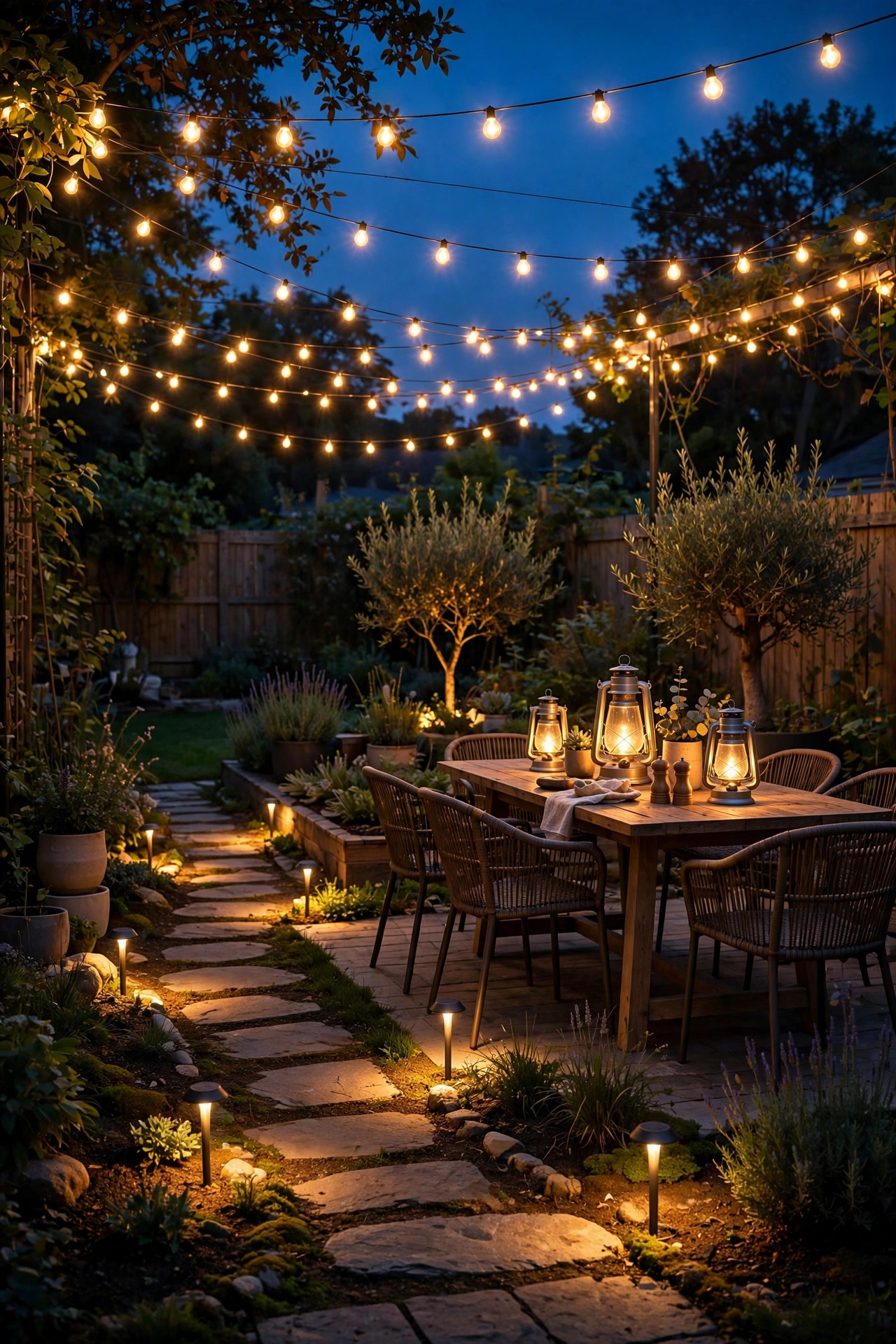 Backyard at dusk showing three layers of wire-free light, ground path lights, table lanterns and an overhead string light canopy