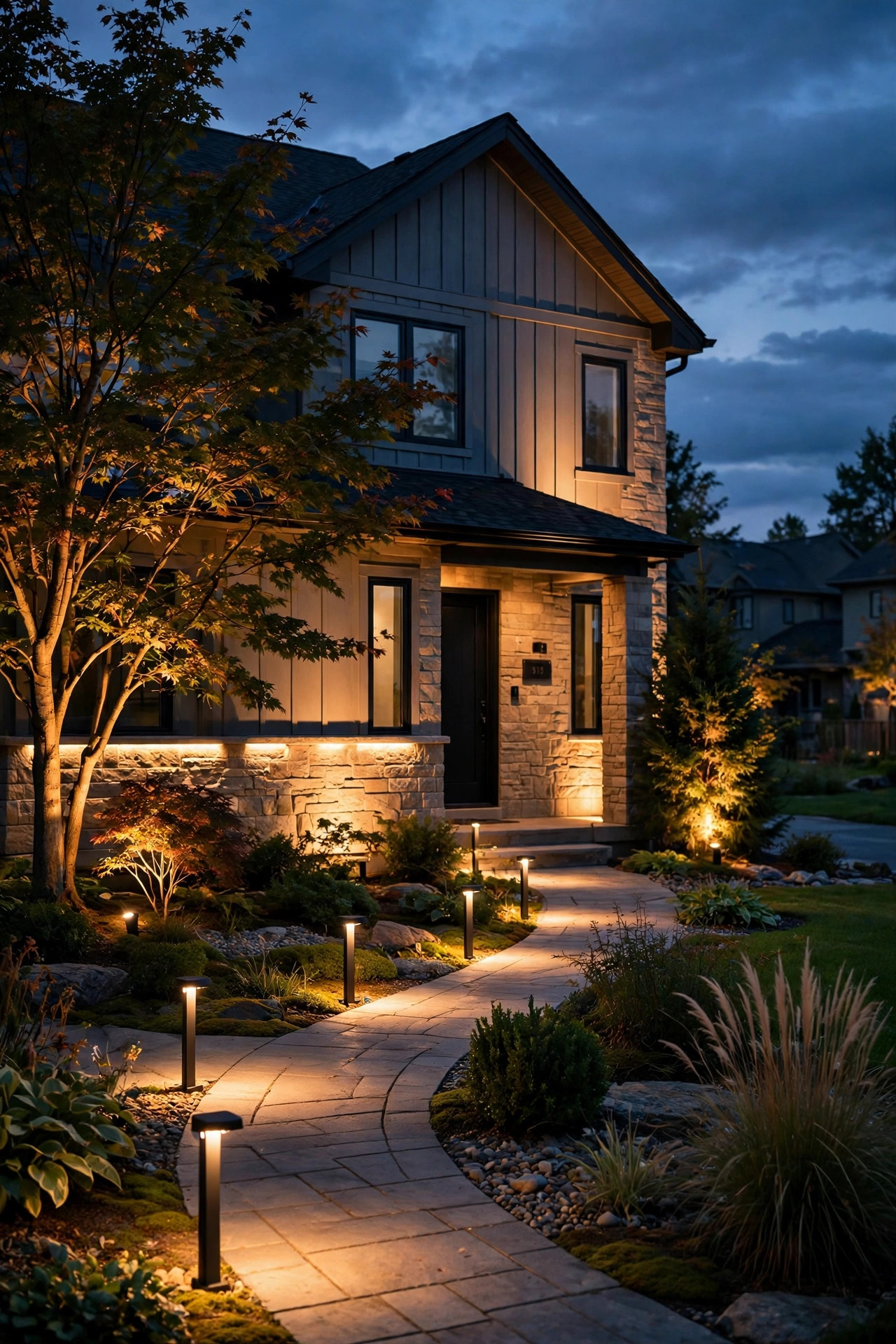 Layered landscape lighting in a suburban front yard at dusk showing path lights, uplights and wall wash working together