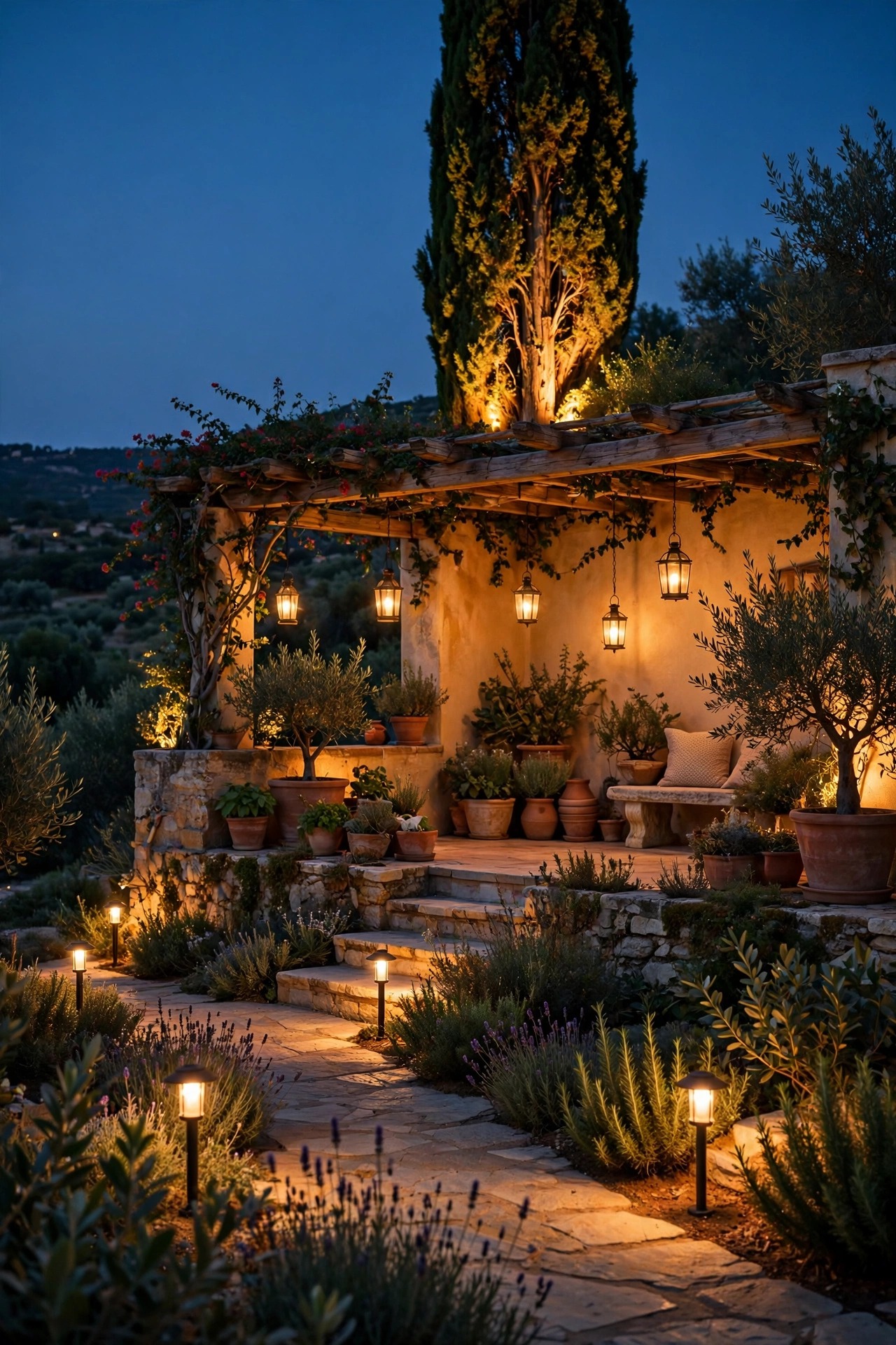 Mediterranean garden showing three layers of warm light, low path lights, terrace lanterns and an uplighted cypress tree