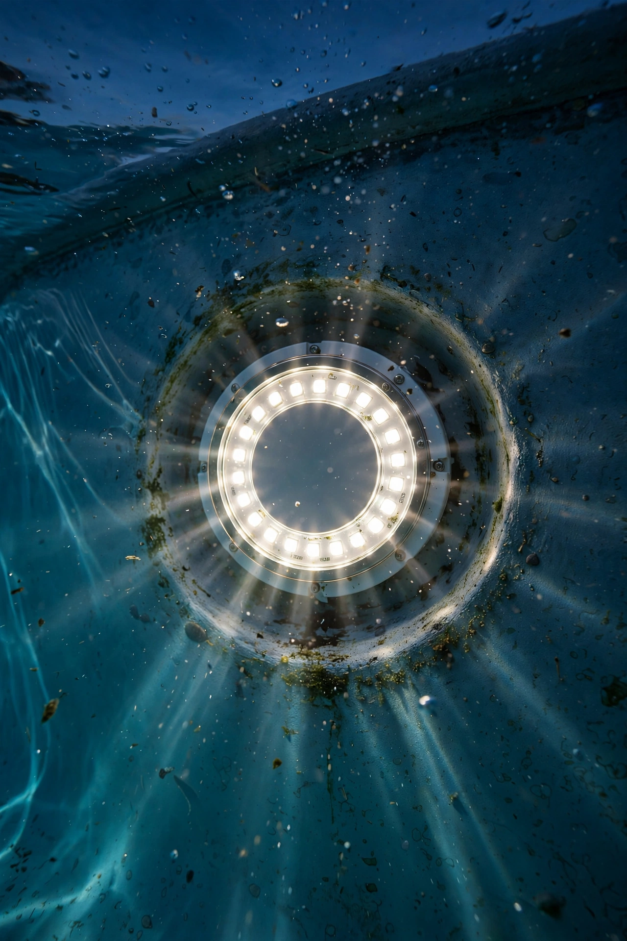 Close-up of a glowing LED pool light retrofit fixture installed in a pool wall niche at dusk