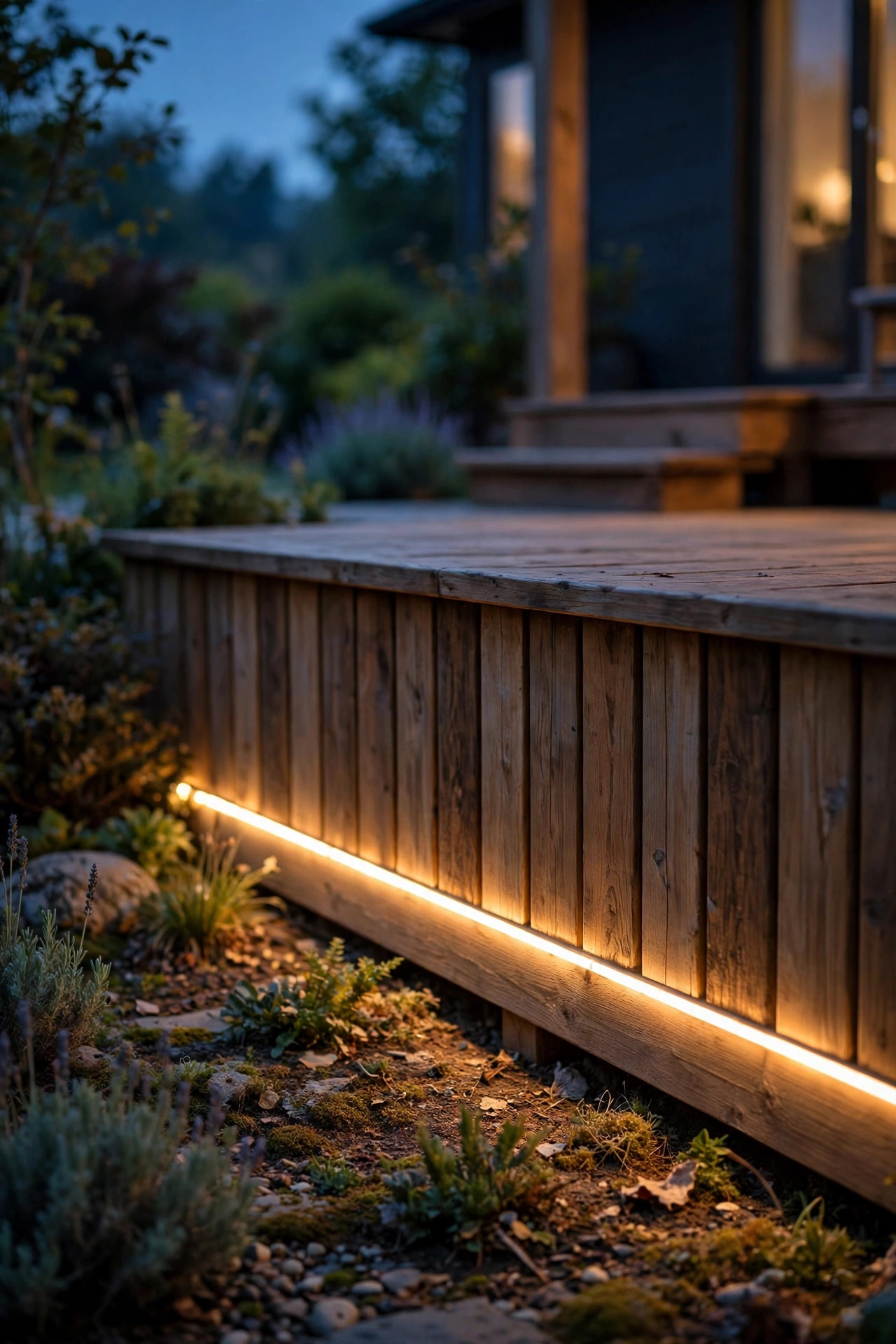 Warm LED strip light glowing along the bottom rail of wooden deck skirting at dusk