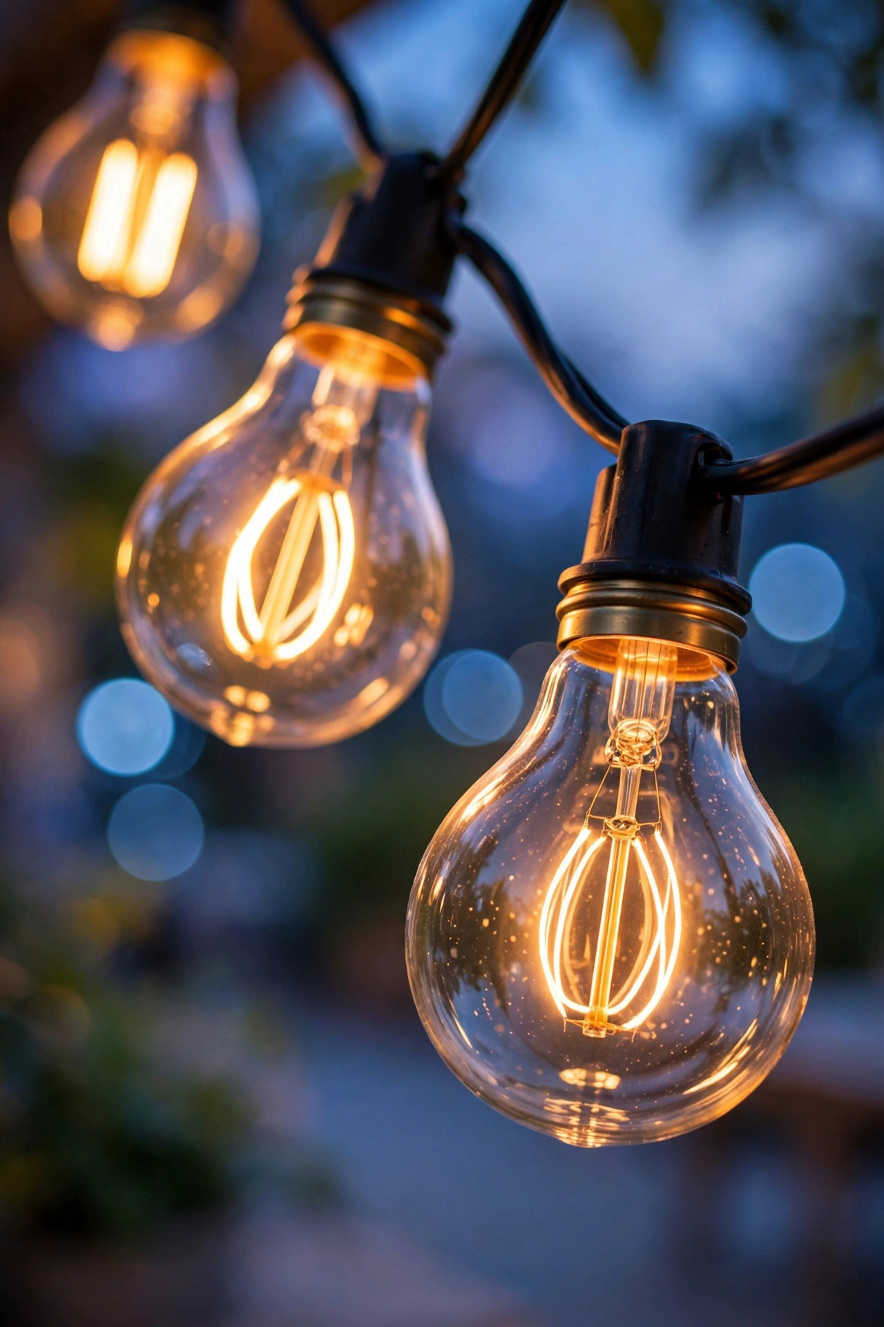 Close-up of warm LED Edison-style string light bulbs glowing at dusk on an outdoor patio