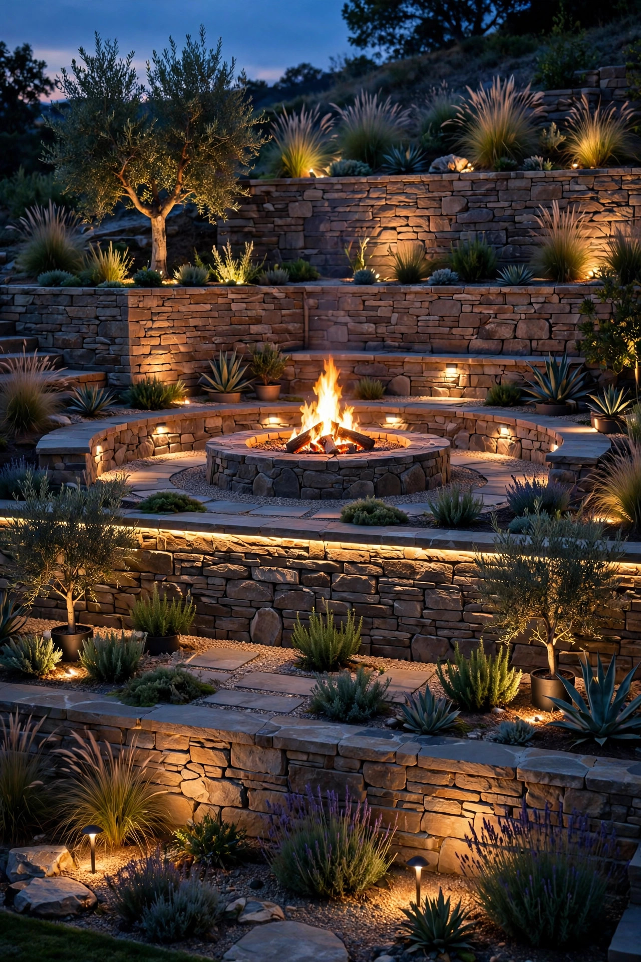 Homeowner sketching a terraced fire pit lighting plan beside stacked stone retaining walls at dusk