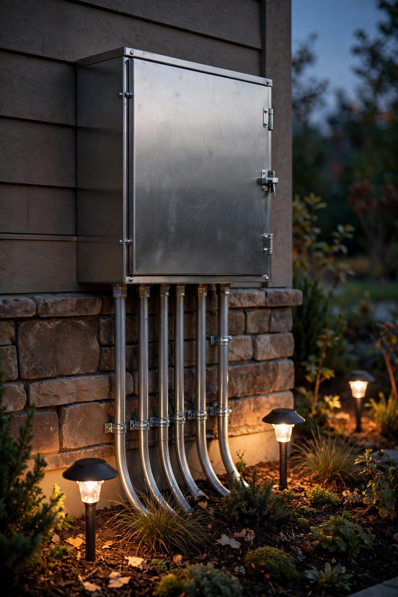 Photorealistic dusk close-up of a professionally installed stainless steel landscape lighting transformer mounted on a home exterior wall, conduit neatly run, warm path lights glowing in the beds below