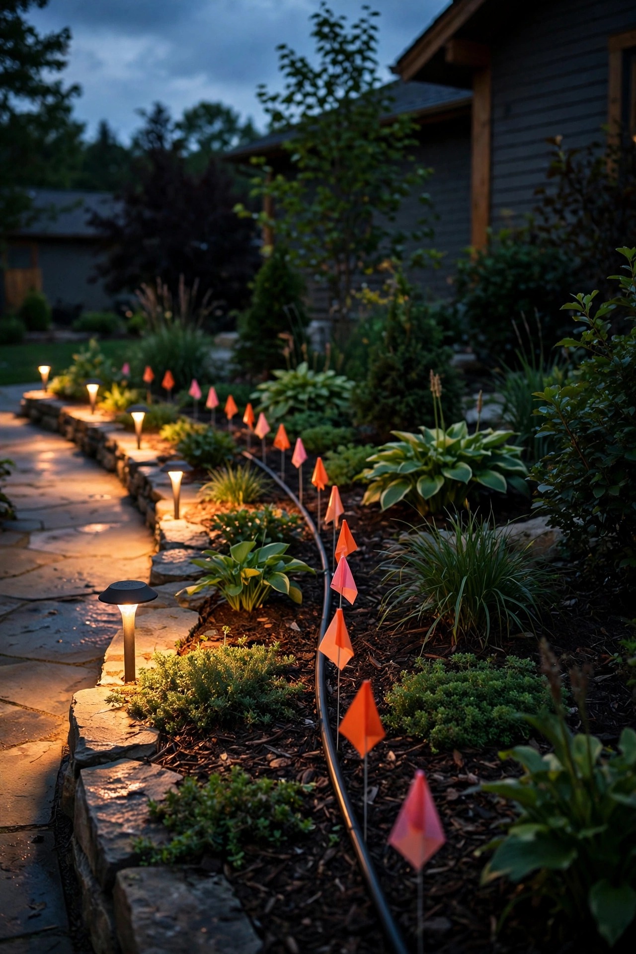 Landscape flag markers along a garden bed tracing a buried low-voltage cable run, path lights glowing on one side and dark on the other at dusk
