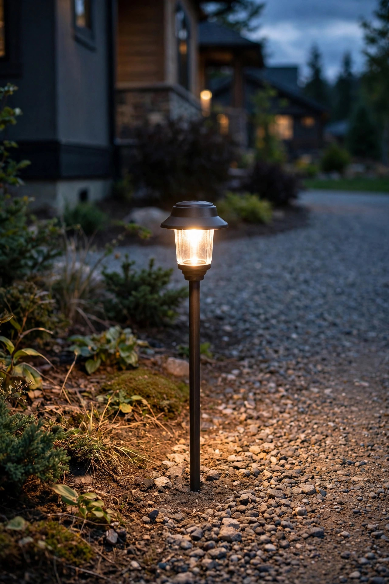 Low-voltage path light with a long ground stake standing firm and straight at the edge of a gravel driveway at dusk