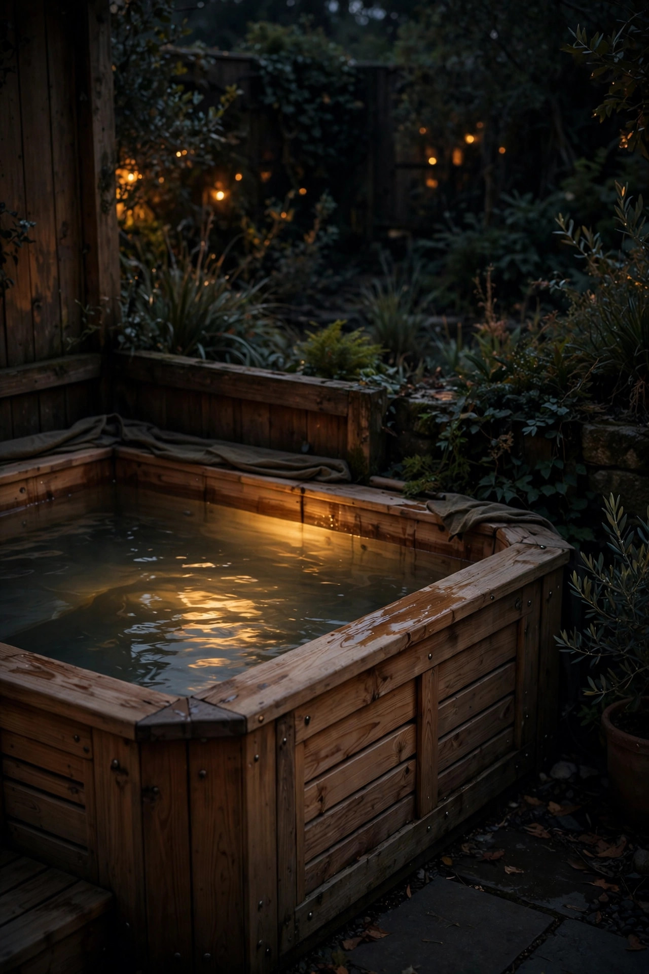 Hot tub corner bathed in very low warm dimmed light, soft glow pooling on the water with a dark quiet garden beyond