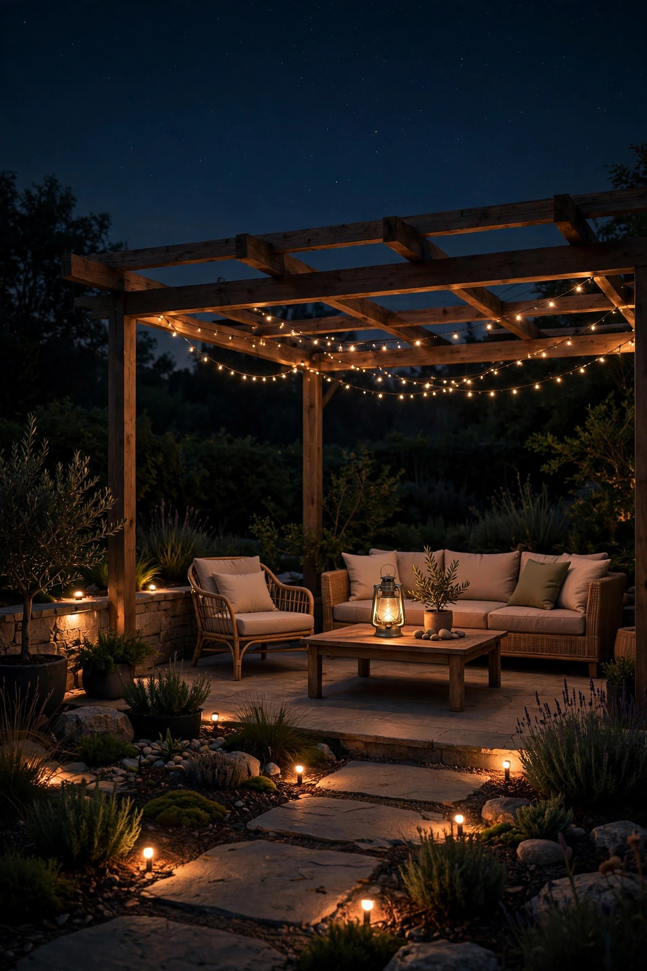 Patio at night showing low-glow lighting layers with dim ground path lights, a soft lantern glow at seat level and a dark open sky above