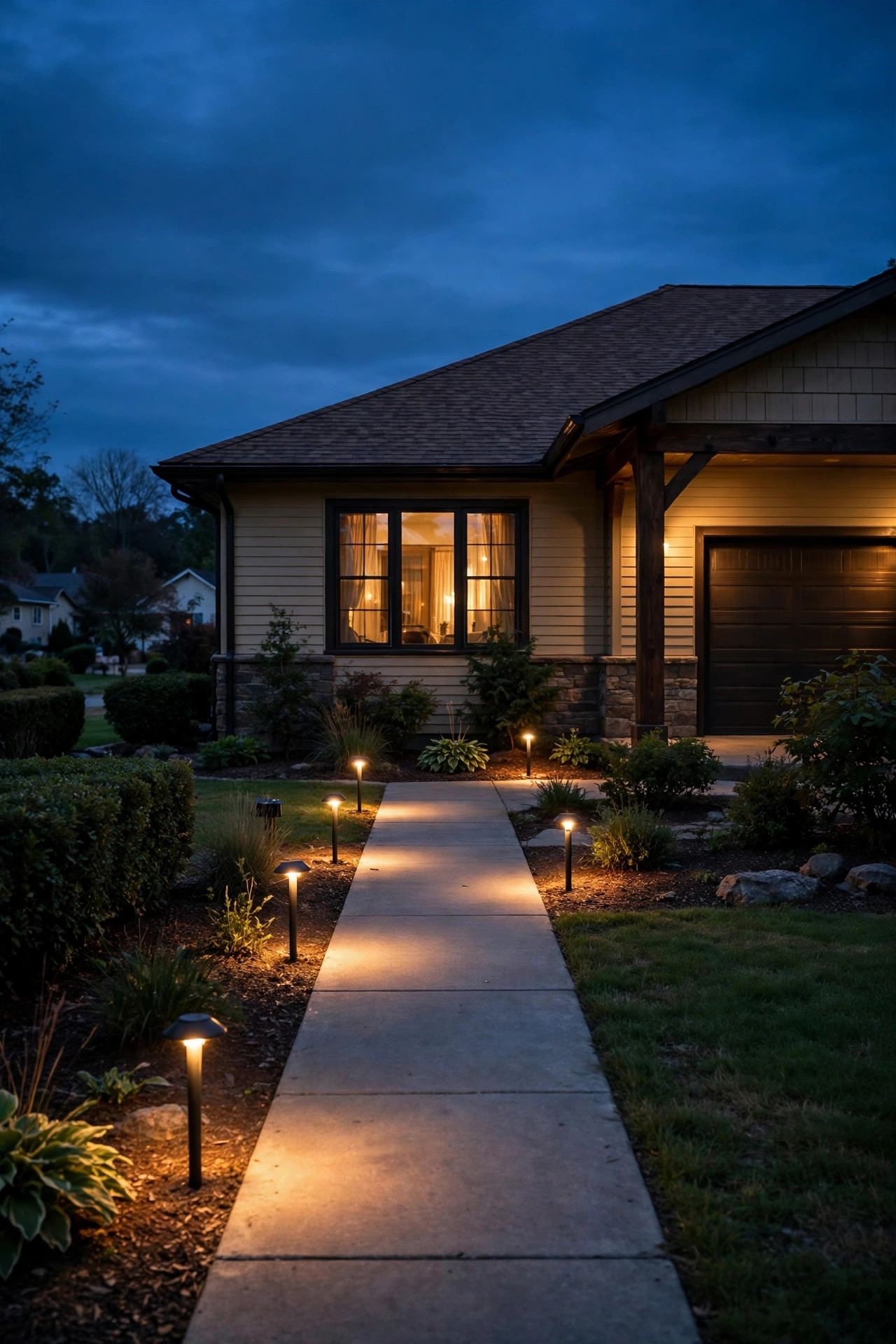 Short warm path lights staggered along a straight ranch home front walkway at dusk