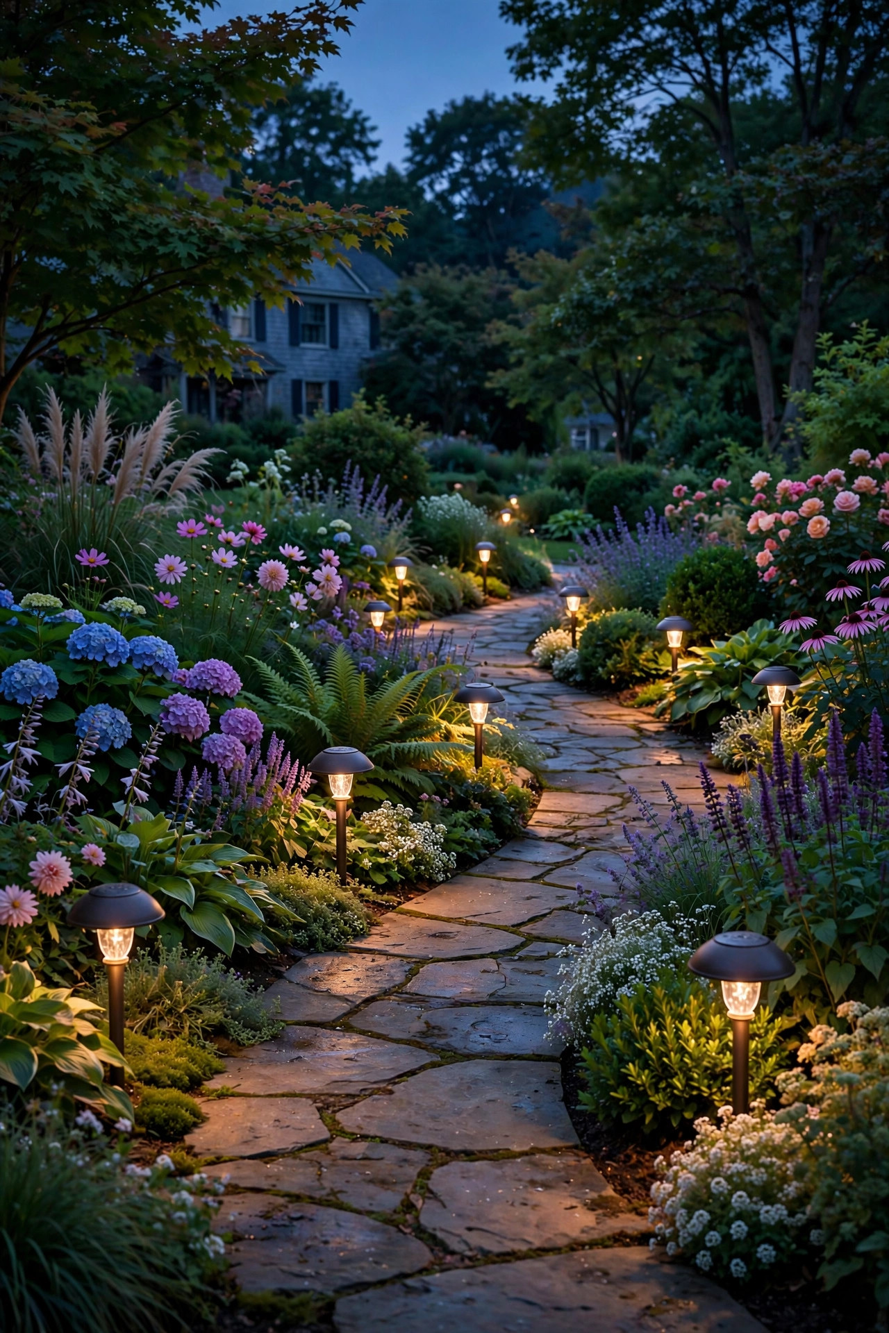Classic low-voltage mushroom path lights glowing along a curved garden walkway
