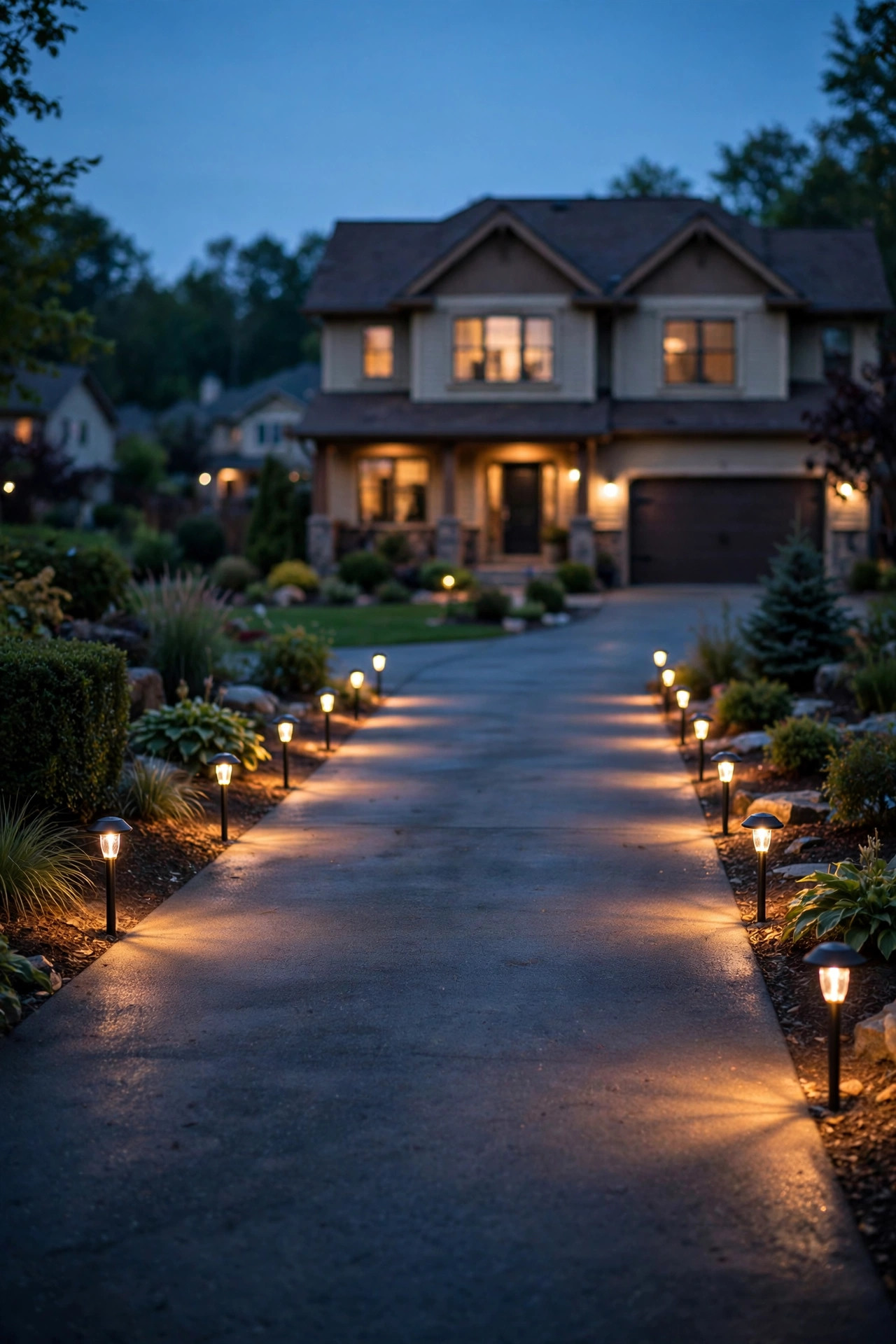 Low-voltage stake path lights glowing warm along both edges of a driveway at dusk