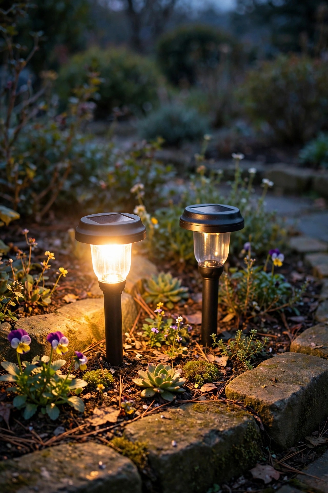 Two solar spotlights side by side in a flower bed at dusk, one shining noticeably brighter than the other across stone edging