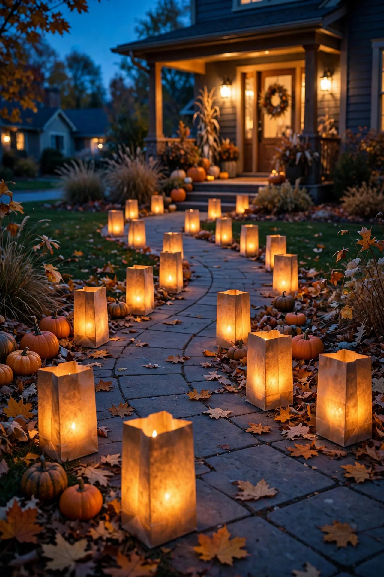 Paper bag luminaries with warm flickering lights lining a front walkway at dusk