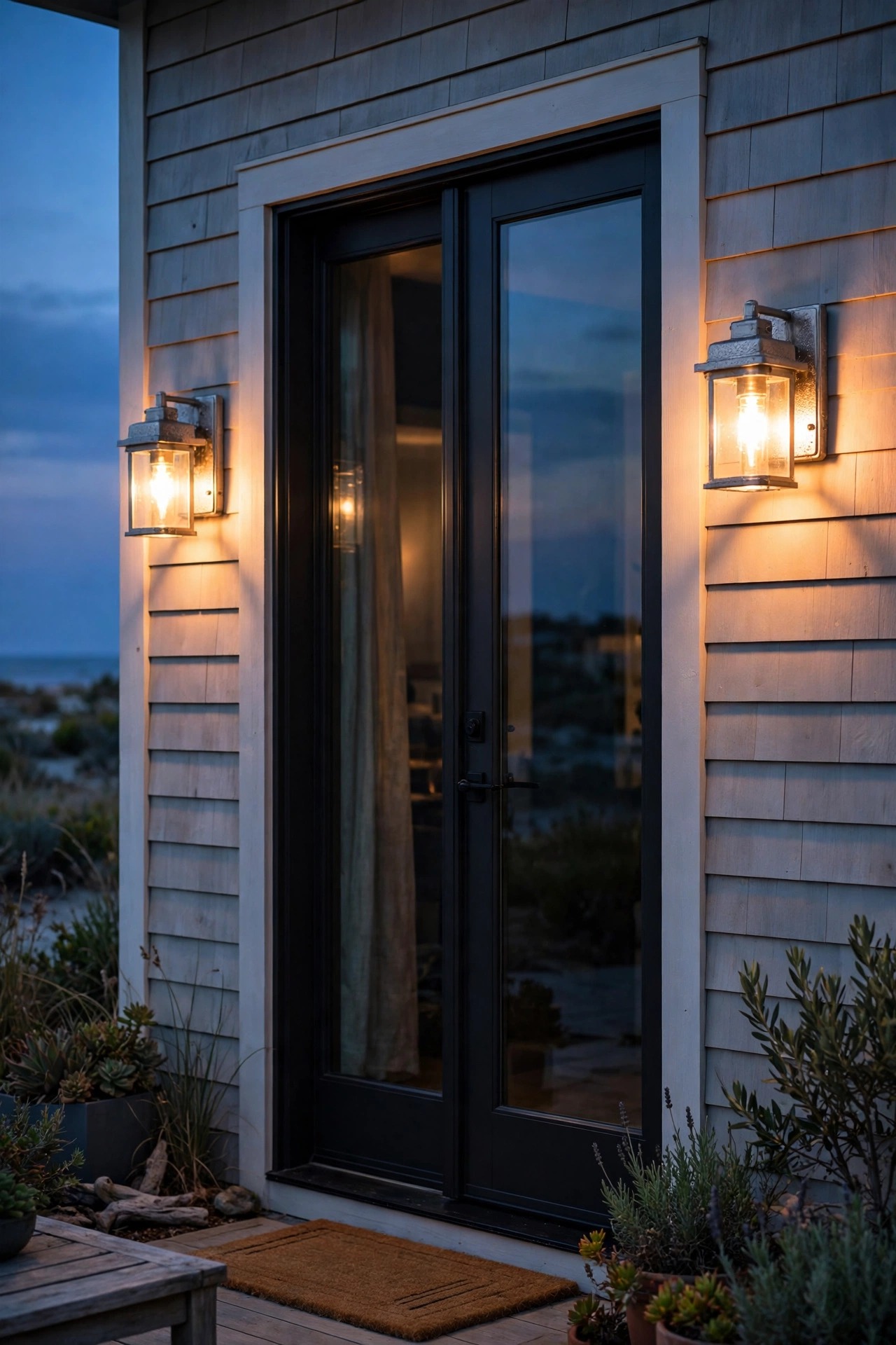 Pair of marine grade stainless steel sconces glowing warmly beside a beach house patio door at twilight