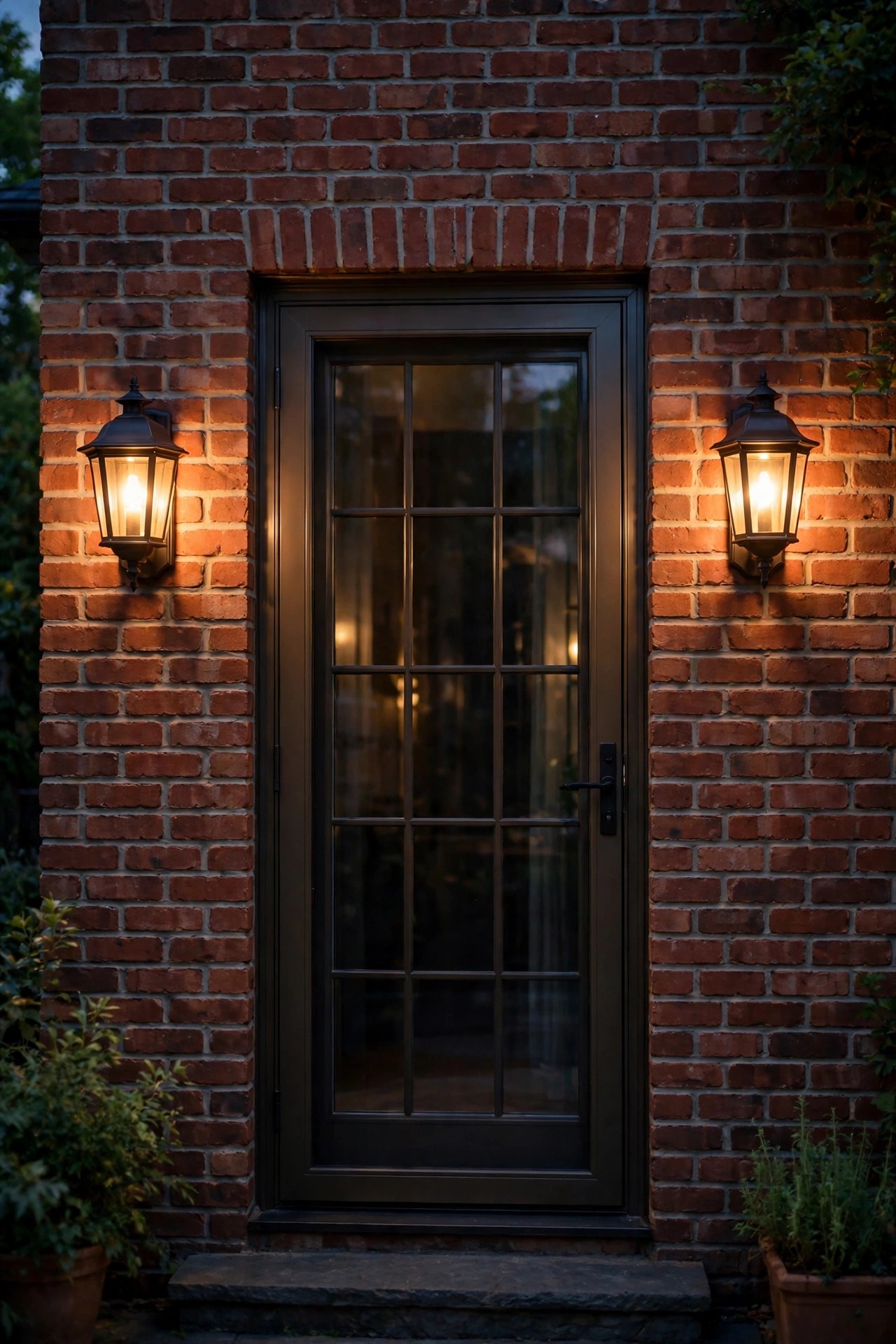 Pair of warm lantern sconces mounted on a red brick wall flanking a patio door at dusk
