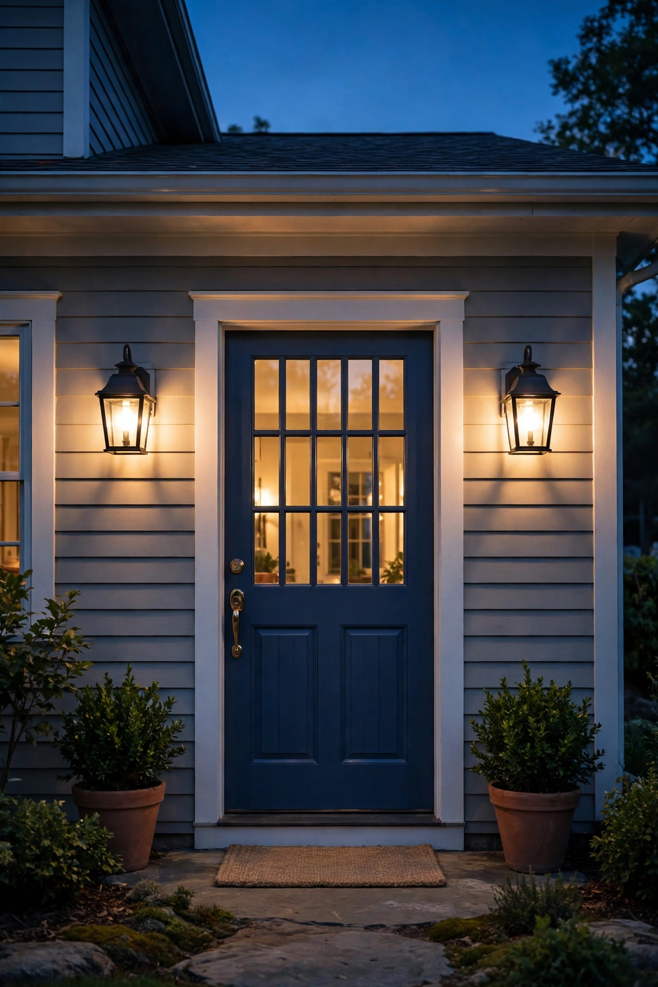 Pair of matching wall sconces flanking a front door glowing warm at dusk