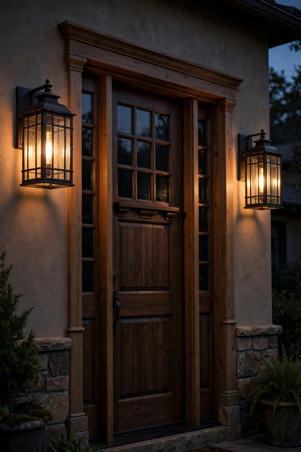 Matched mission-style lantern sconces in oil-rubbed bronze flanking a craftsman front door at dusk, warm filament bulbs glowing