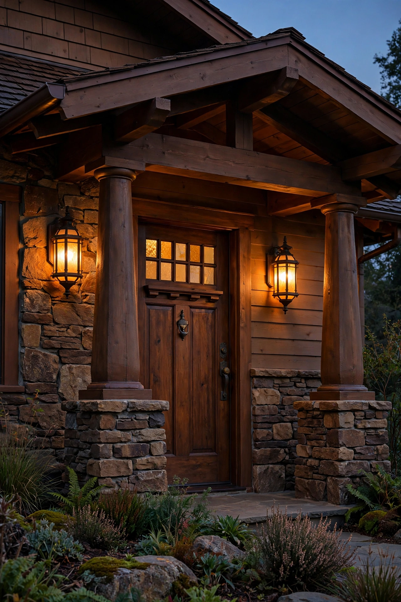 Mission-style bronze wall sconces with amber mica glowing beside a craftsman bungalow front door