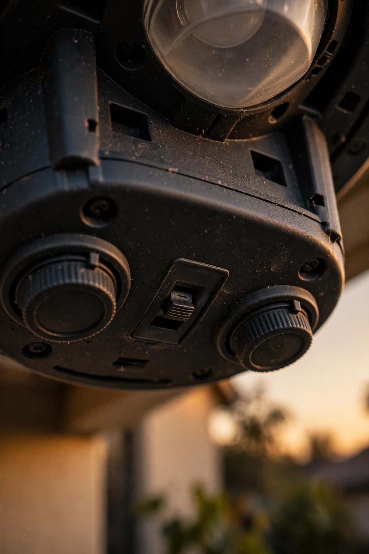 Close-up of the underside of a motion sensor fixture head showing the small mode slide switch and dials, warm evening light