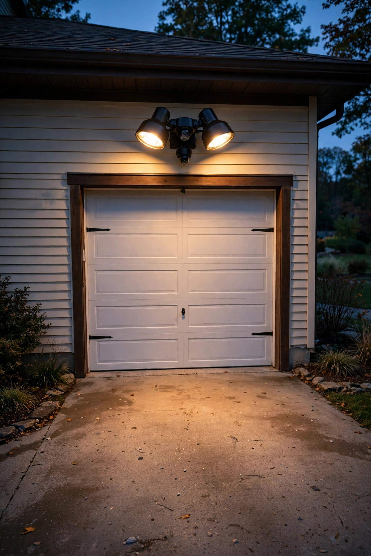 Dual-head LED motion sensor floodlight mounted above a detached garage door washing the driveway in warm light