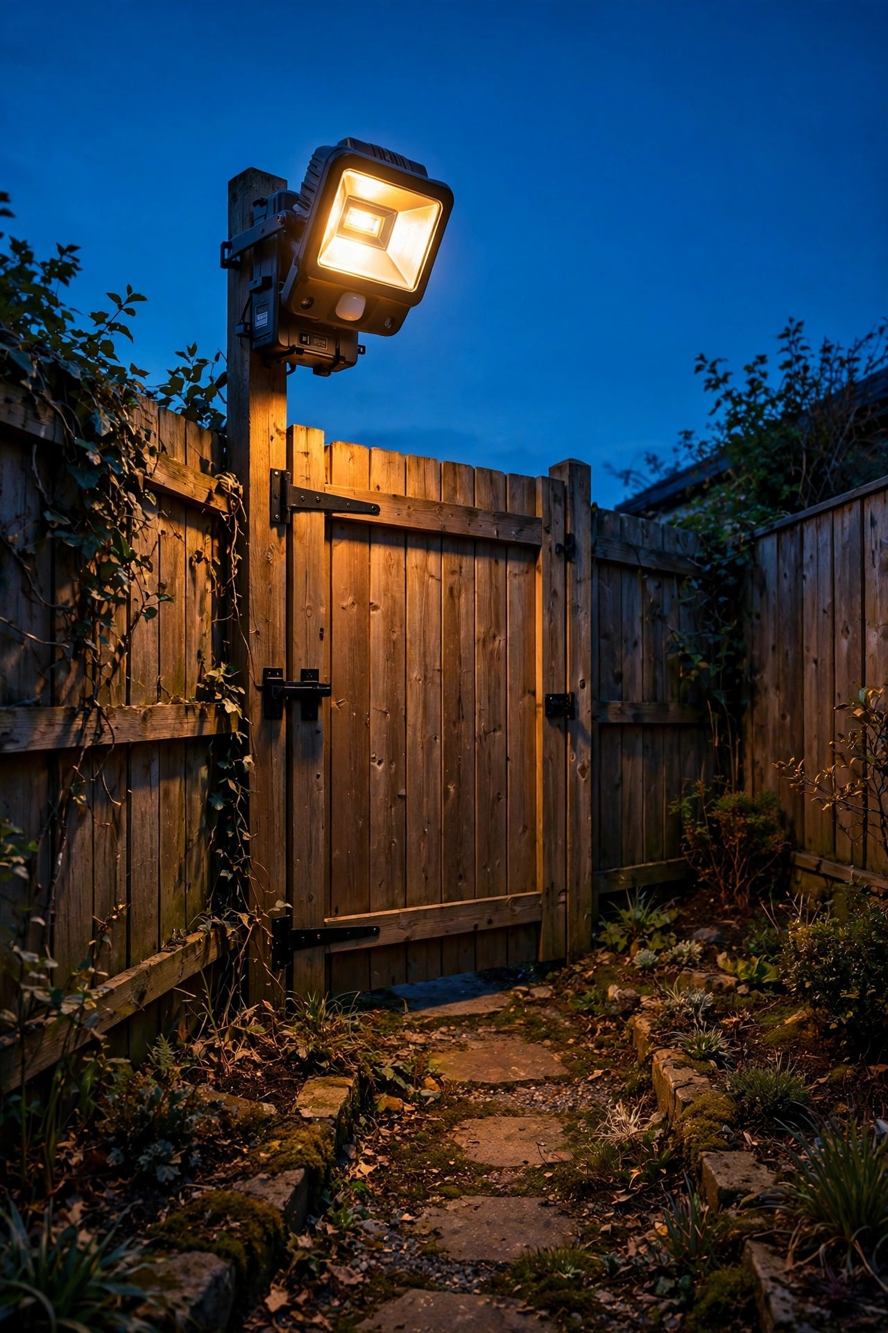 Battery powered motion sensor floodlight mounted above a side gate washing a fence path in warm light at dusk