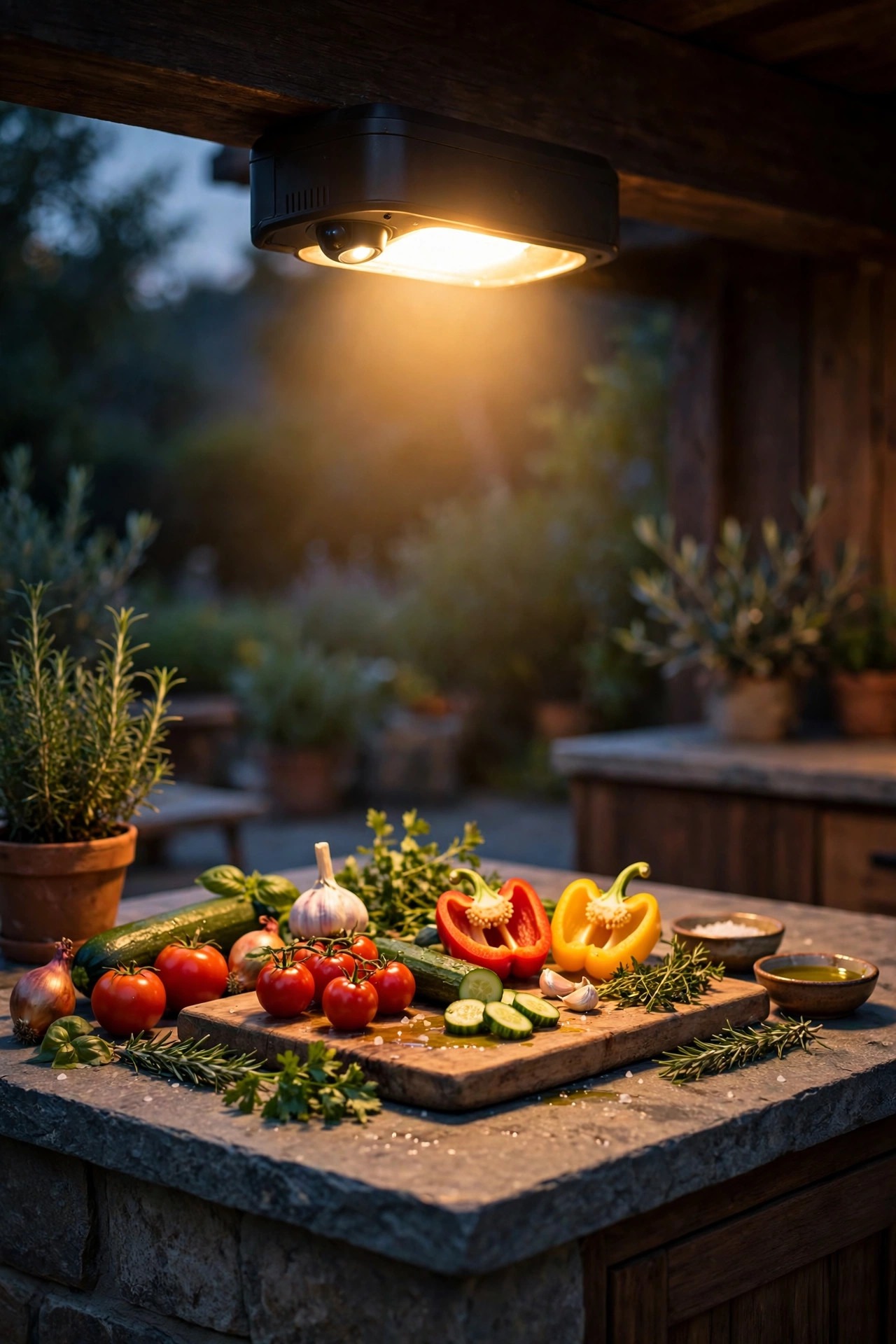 Motion-activated light glowing over an outdoor kitchen prep counter at dusk, cutting board and vegetables ready for cooking