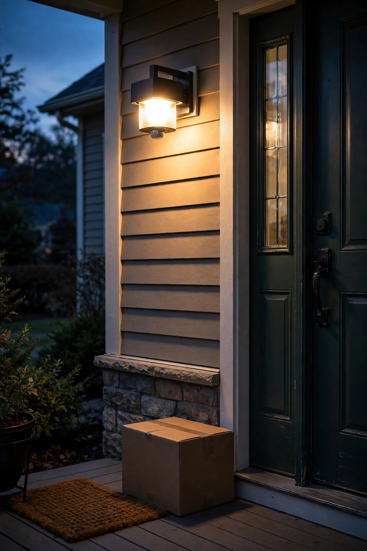 Motion-activated porch light glowing over a package drop zone beside a front door at dusk