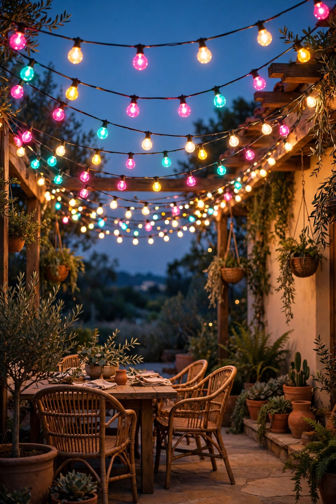 Multicolor string light canopy swagged over a patio at dusk in pink, turquoise, yellow, and warm white